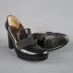 LANVIN Size 9 Black Patent Leather Chunky Heel Loafer Pumps