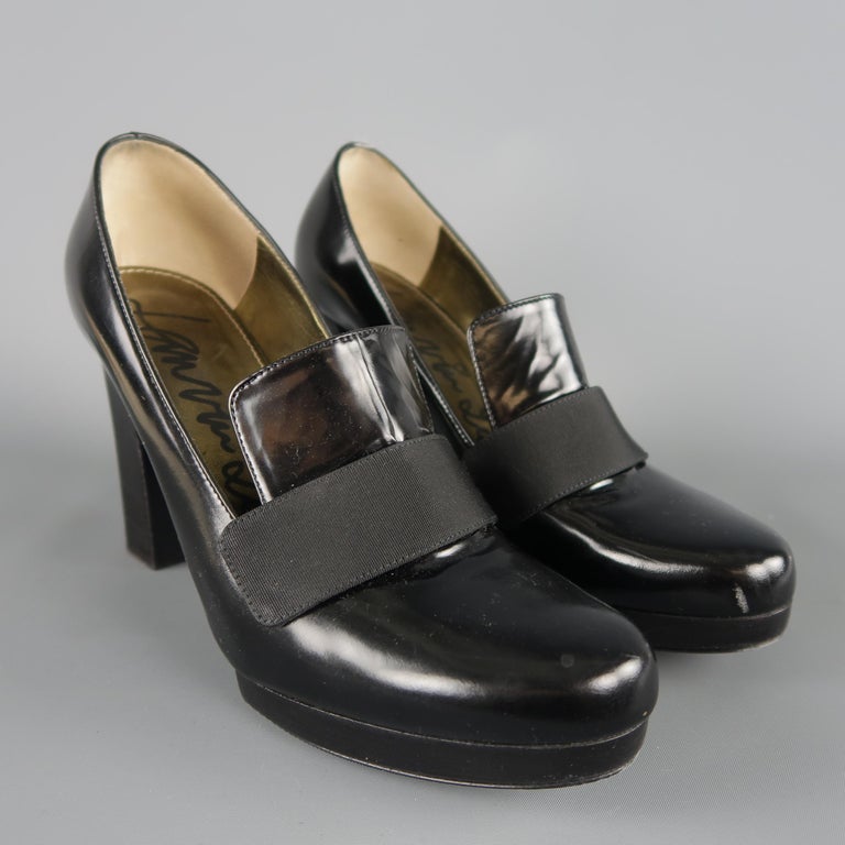 LANVIN Size 9 Black Patent Leather Chunky Heel Loafer Pumps at 1stDibs