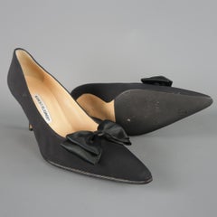 MANOLO BLAHNIK Size 11 Black Silk Pointed Bow BECCARA Pumps / Heels
