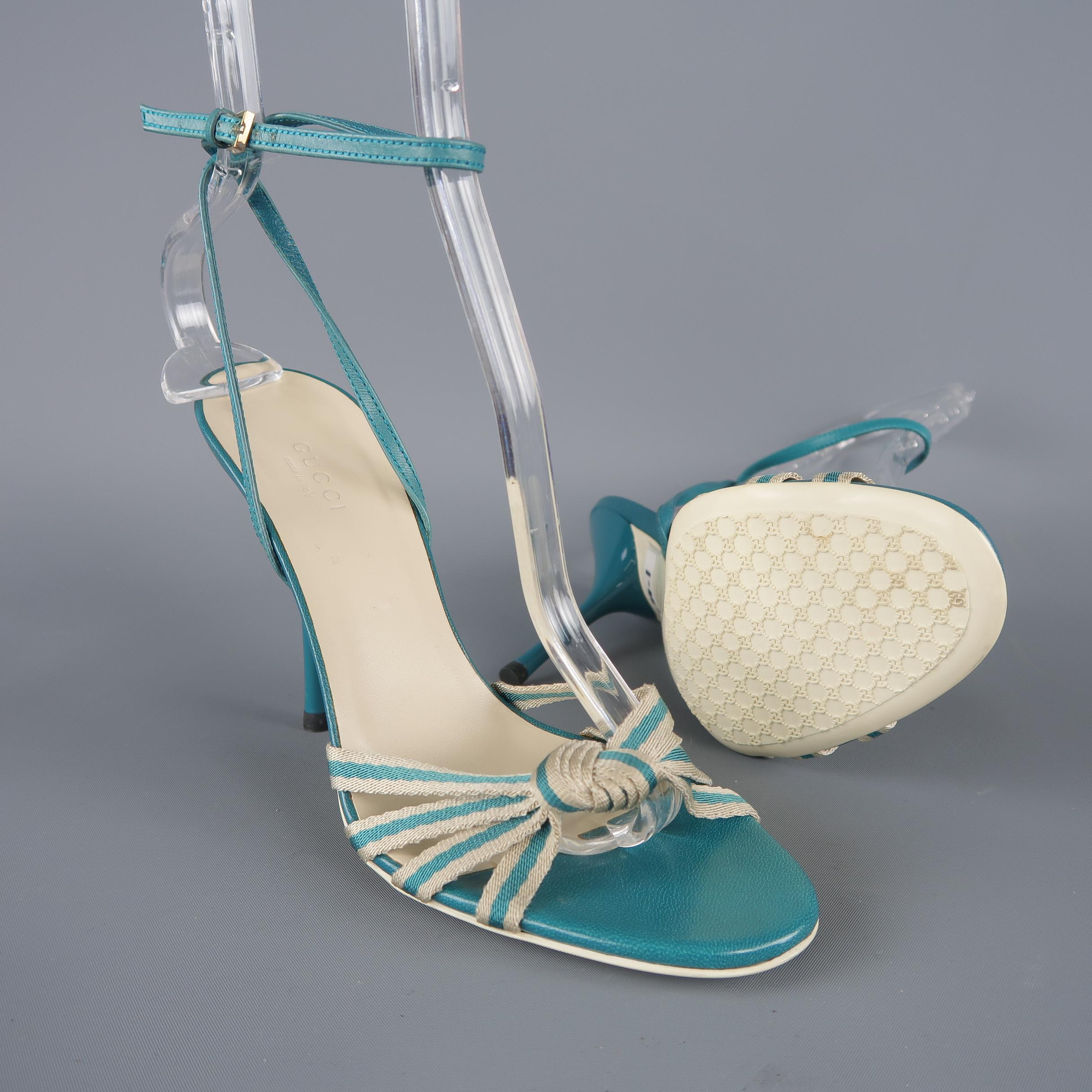 Gray GUCCI Size 7.5 Teal Leather Ankle Strap Stripe Knot Strap Sandals