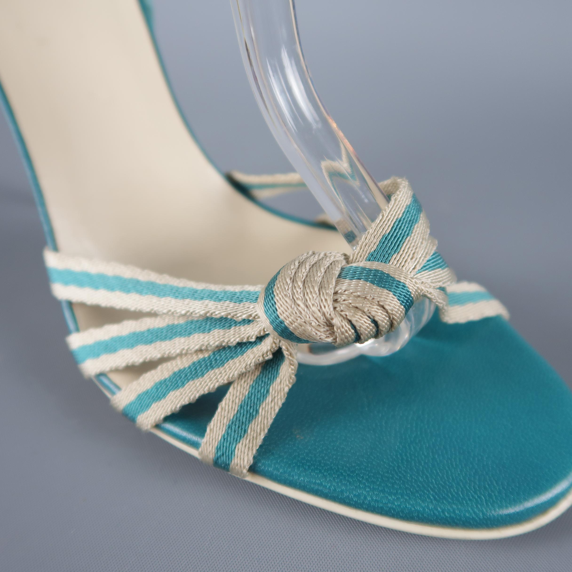 GUCCI Size 7.5 Teal Leather Ankle Strap Stripe Knot Strap Sandals In New Condition In San Francisco, CA
