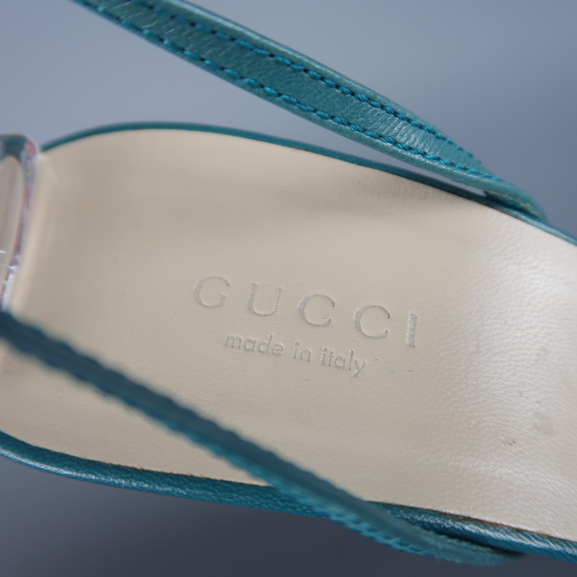 Women's GUCCI Size 7.5 Teal Leather Ankle Strap Stripe Knot Strap Sandals
