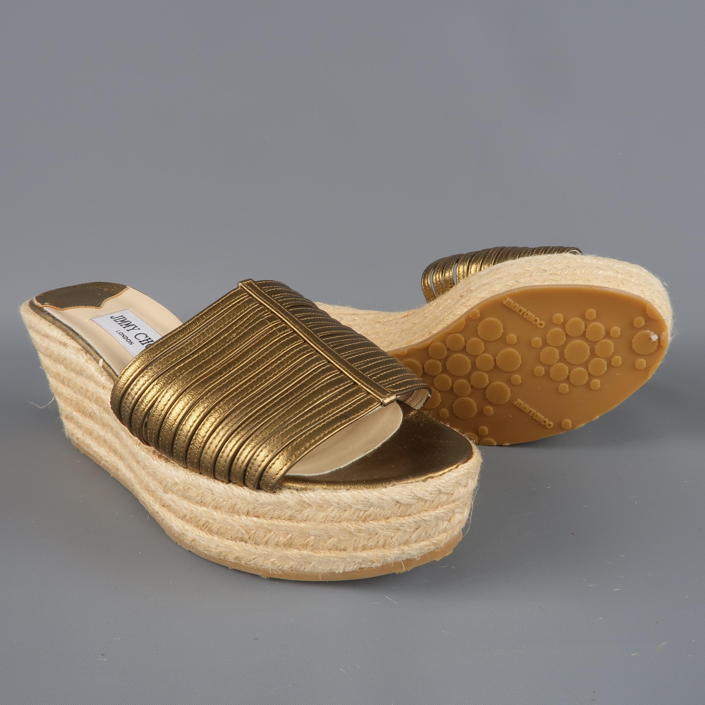 JIMMY CHOO Size 10 Gold Leather Espadrille Platform Wedge Sandals In Excellent Condition In San Francisco, CA