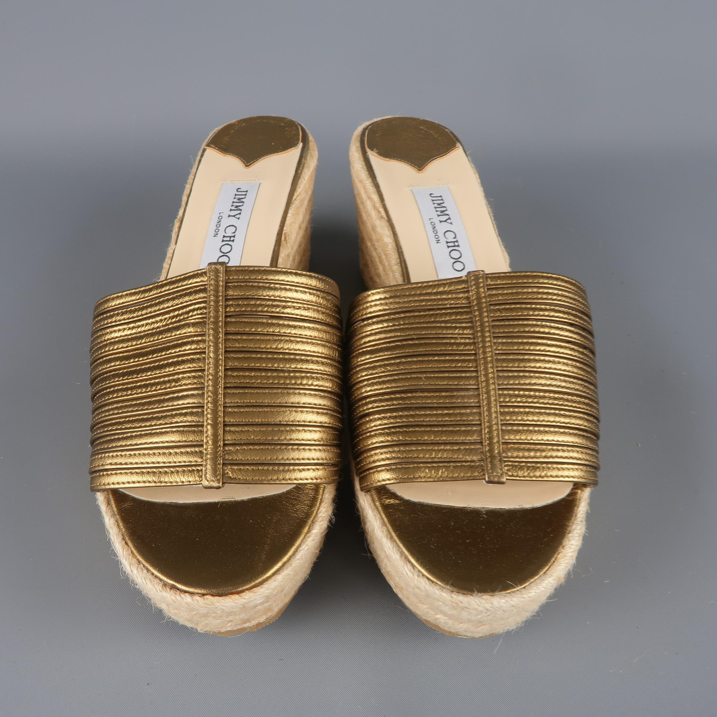 Women's JIMMY CHOO Size 10 Gold Leather Espadrille Platform Wedge Sandals