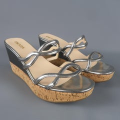 PRADA Size 10 Metallic Silver Leather Cork Wedge Platform Sandals