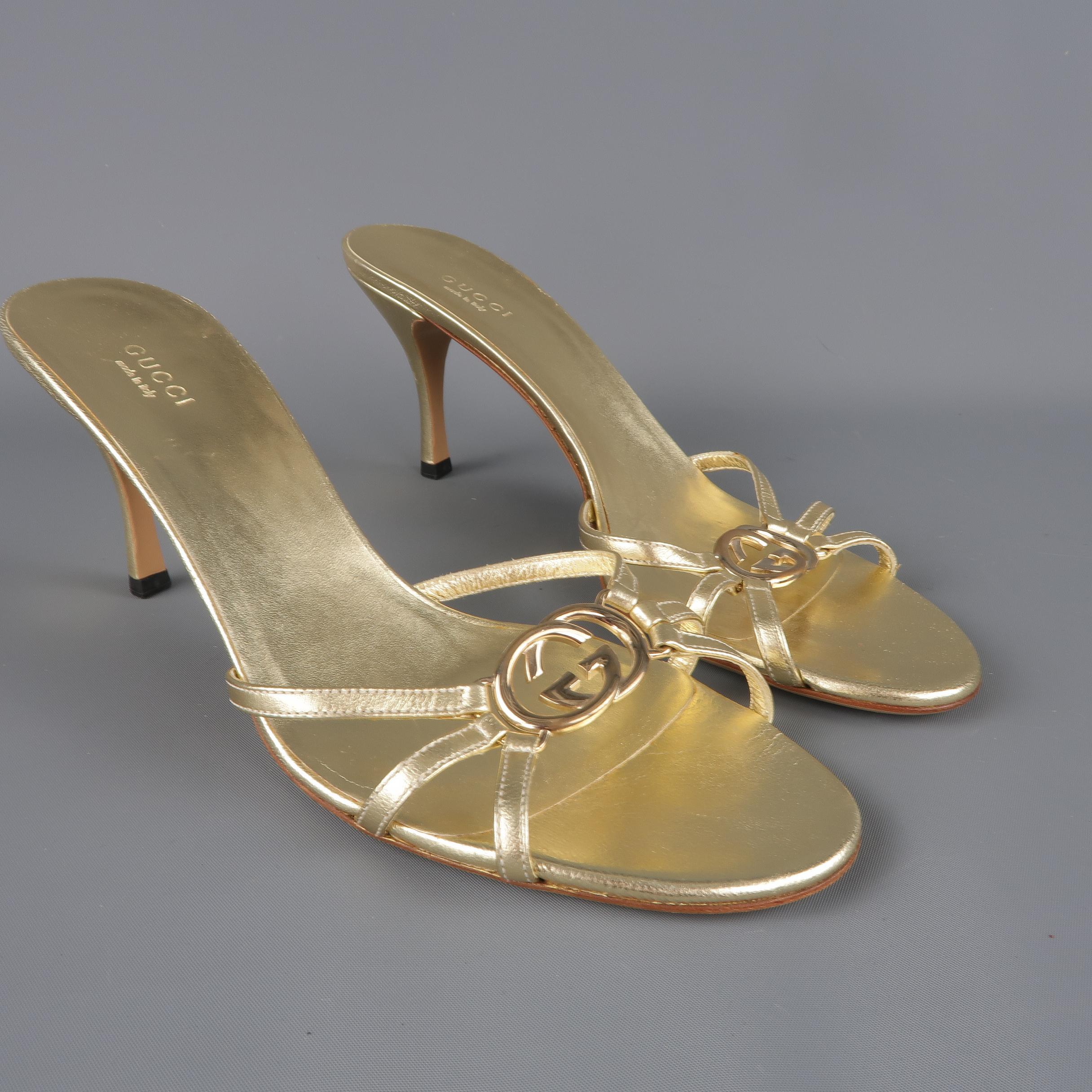 Brown GUCCI Size 9 Metallic Gold Leather GG Monogram Strap Mule Sandals