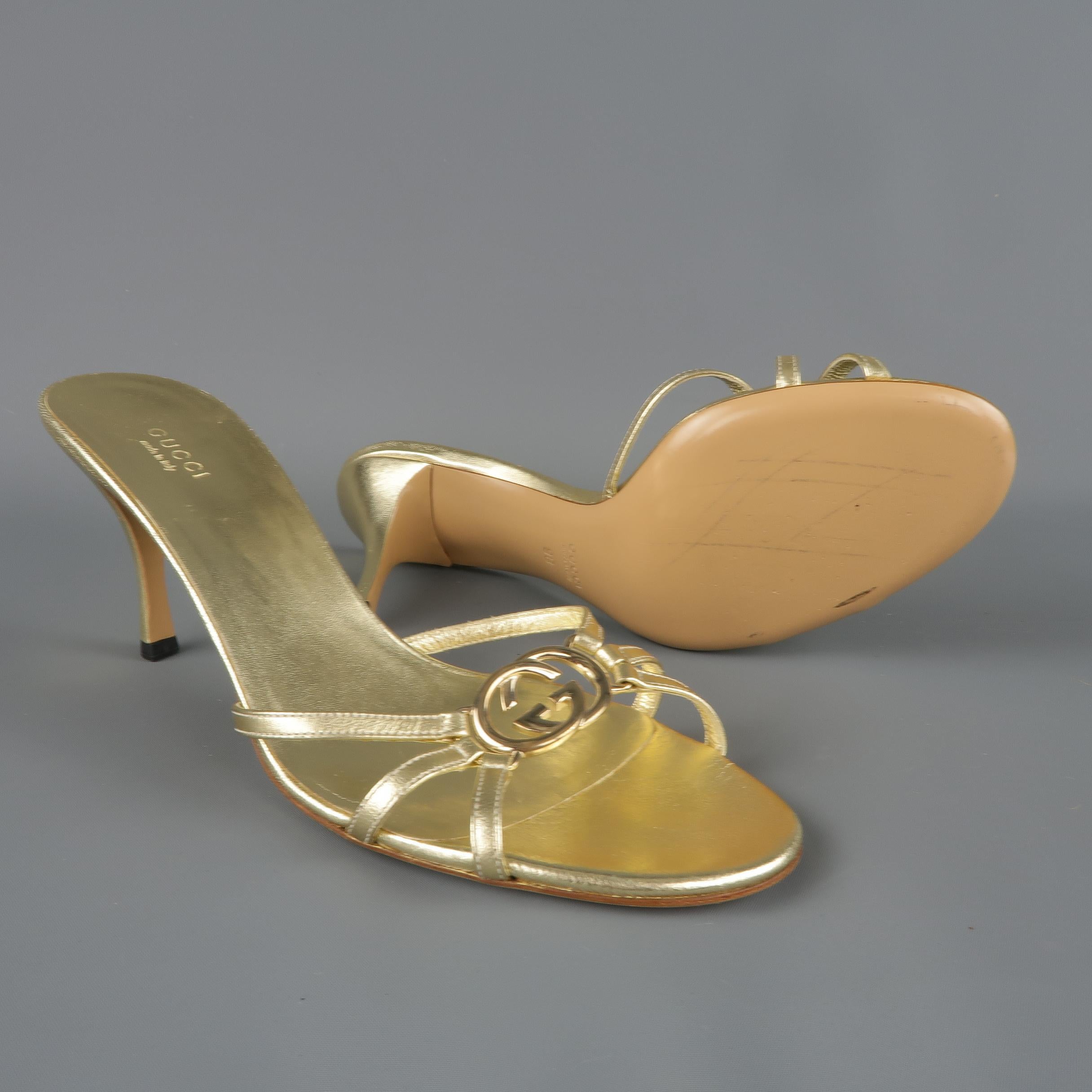GUCCI Size 9 Metallic Gold Leather GG Monogram Strap Mule Sandals In Excellent Condition In San Francisco, CA