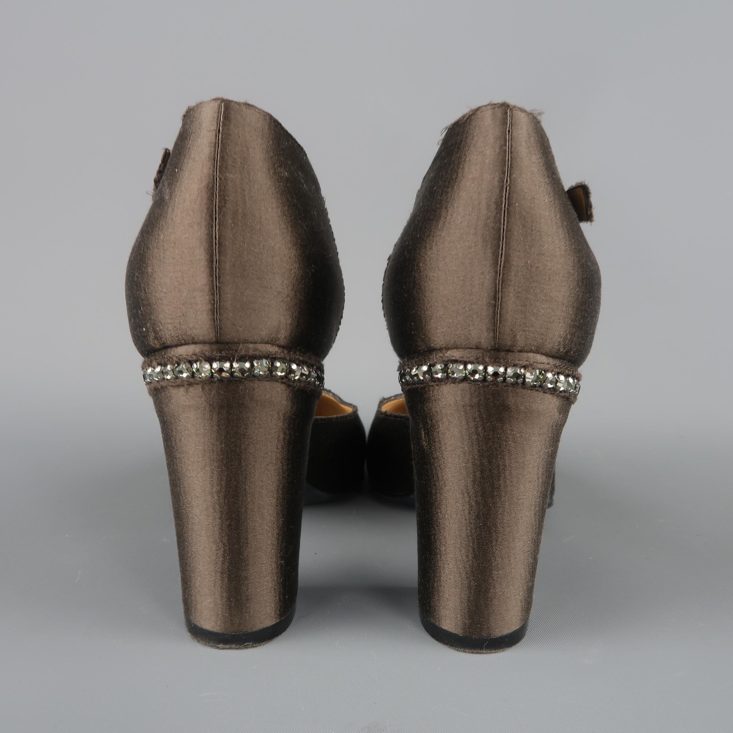 LANVIN Size 8.5 Taupe Frayed Silk Rhinestone Chunky Heel Pumps 3