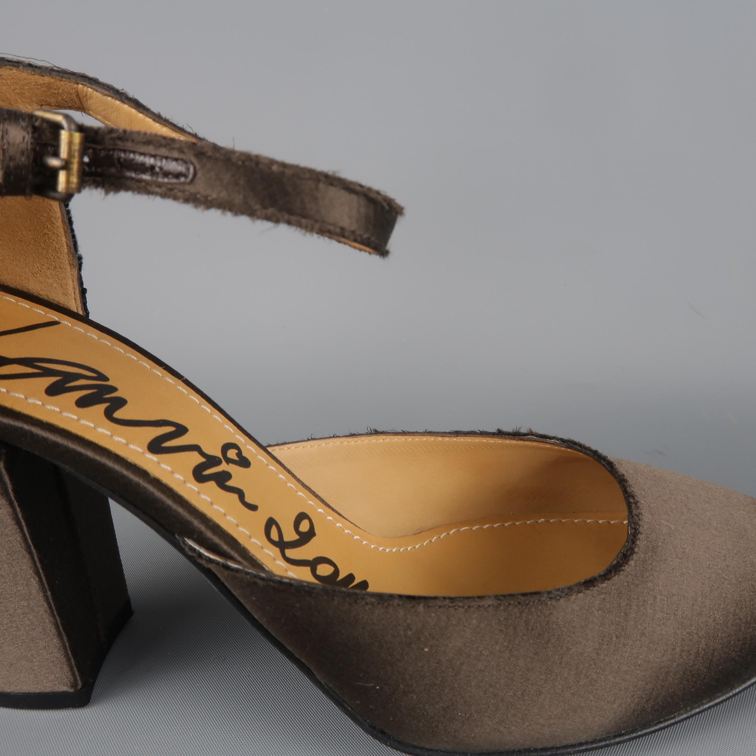 LANVIN Size 8.5 Taupe Frayed Silk Rhinestone Chunky Heel Pumps In Good Condition In San Francisco, CA