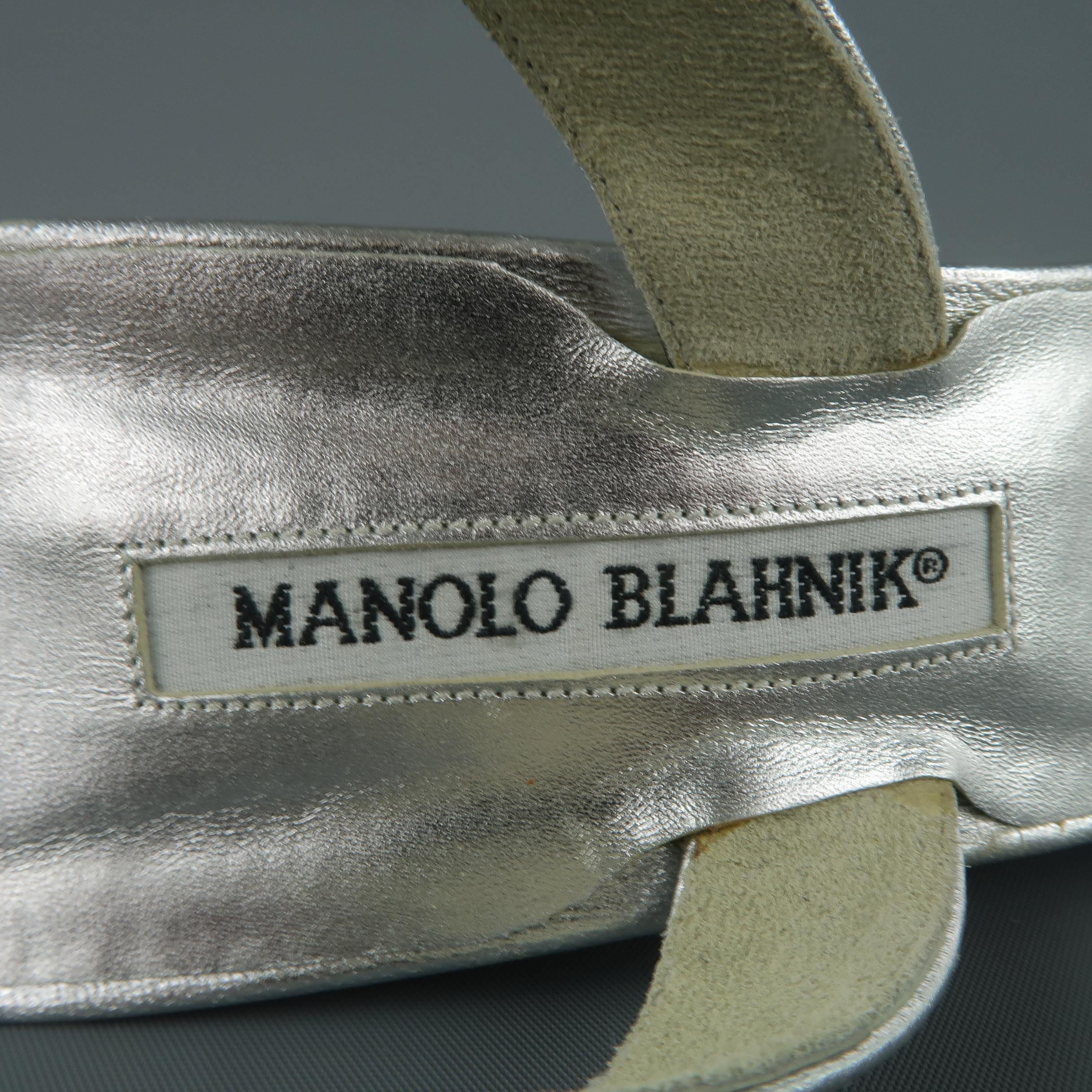 MANOLO BLAHNIK Size 10.5 Silver Leather Rhinestone Wedge Sandals 1