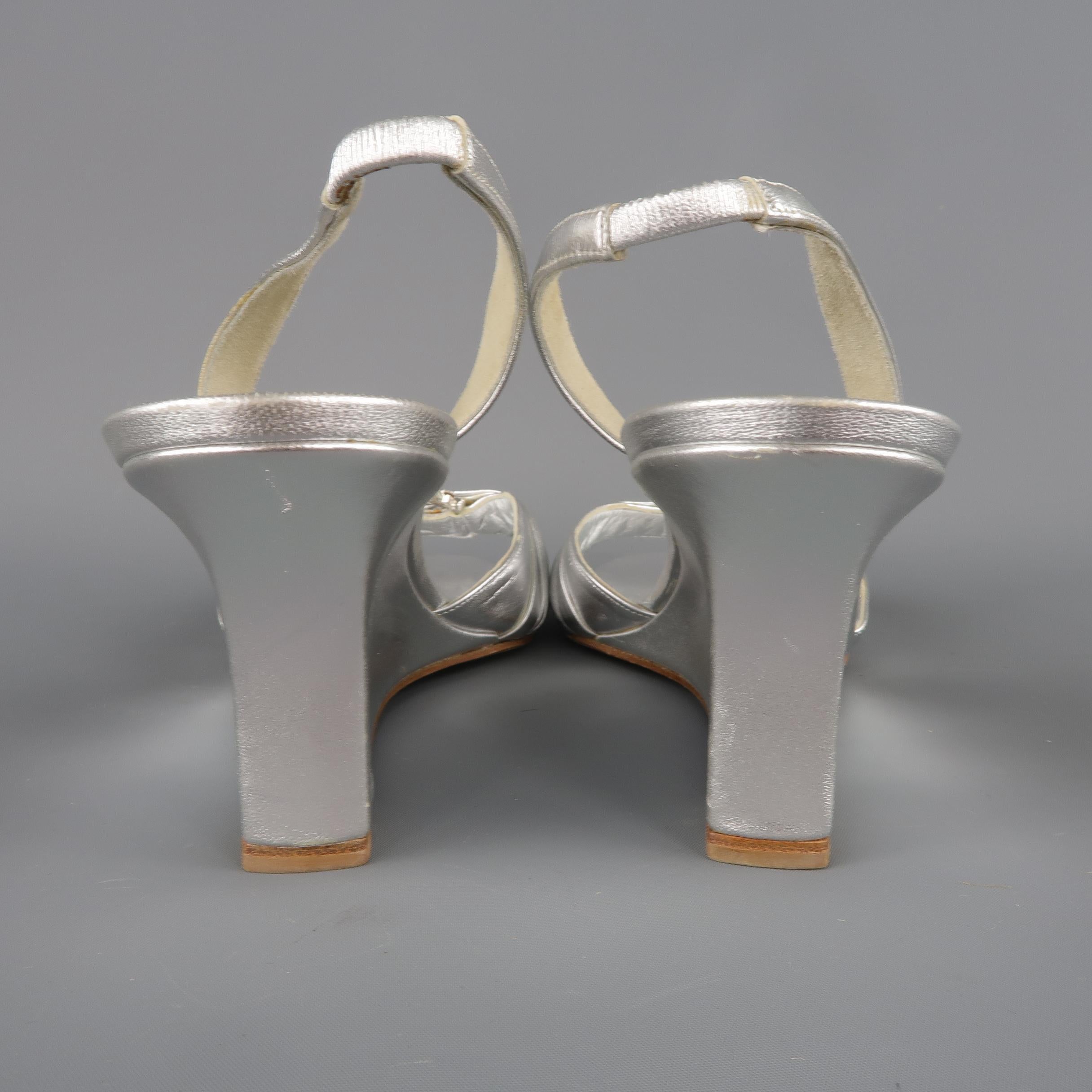 MANOLO BLAHNIK Size 10.5 Silver Leather Rhinestone Wedge Sandals 2