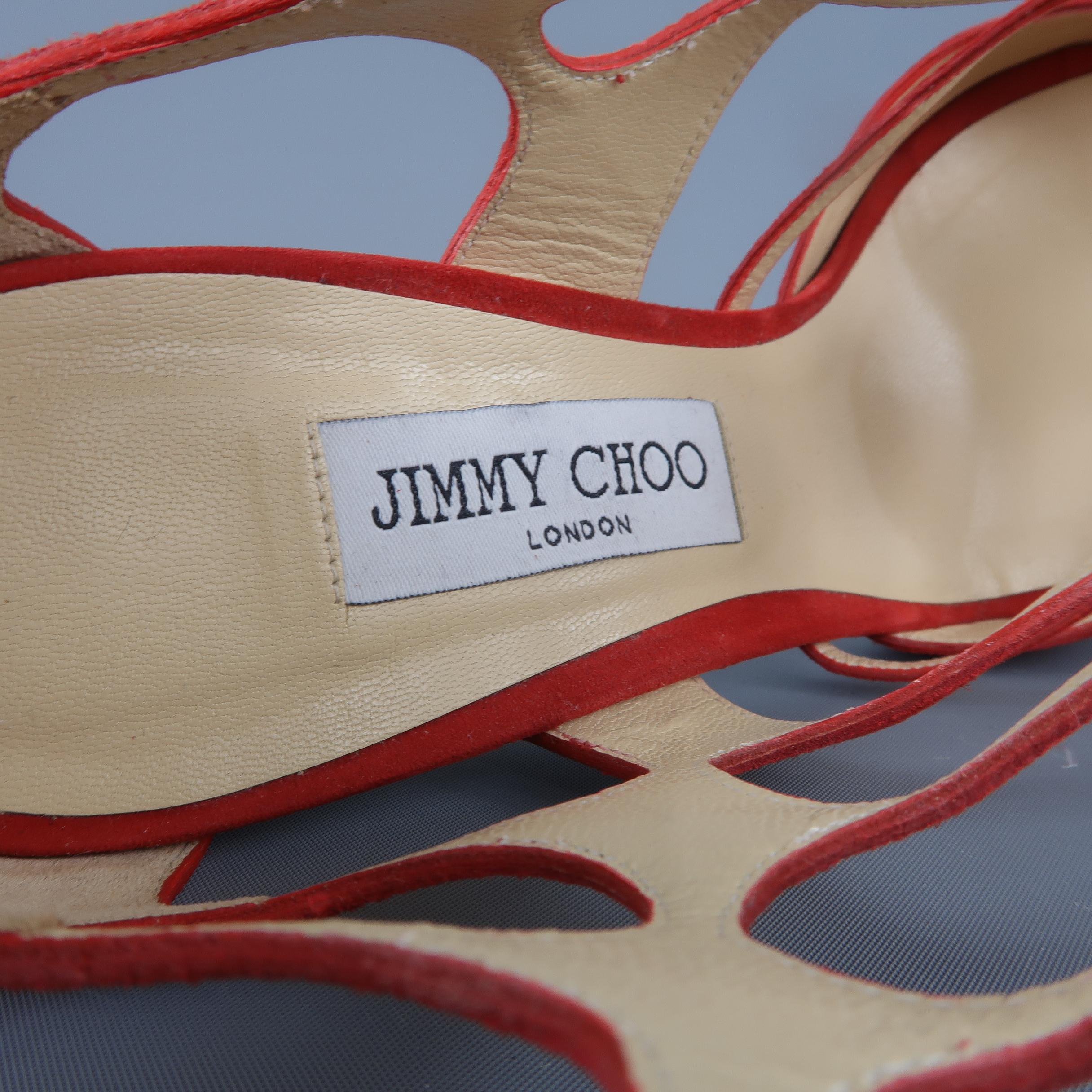 JIMMY CHOO Size US 11 Red Suede Ren 100 Cage Sandals Heels Pumps 2