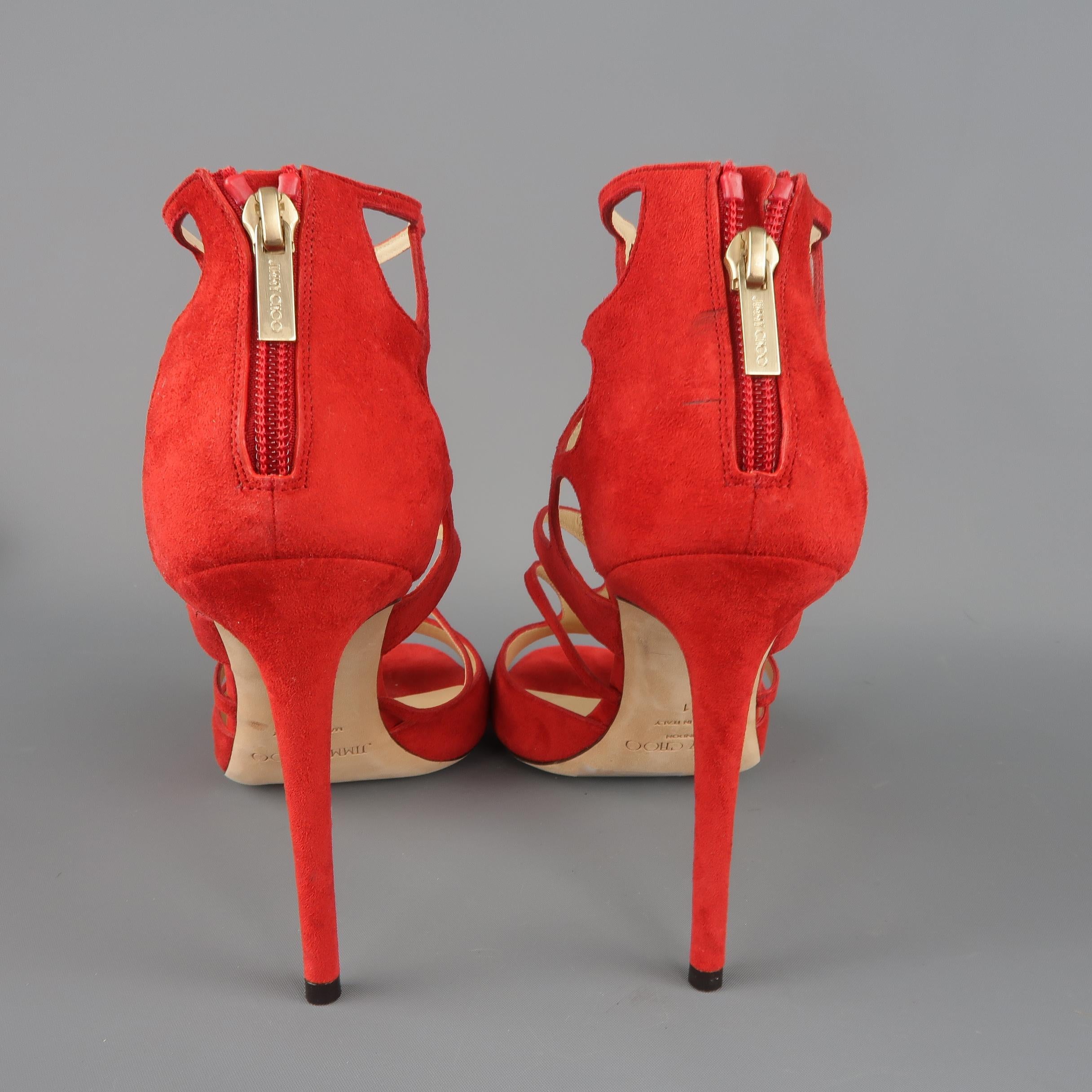 Women's JIMMY CHOO Size US 11 Red Suede Ren 100 Cage Sandals Heels Pumps