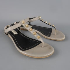 BALENCIAGA Size 7.5 Grey Leather Gold Studded ARENA T strap Flats