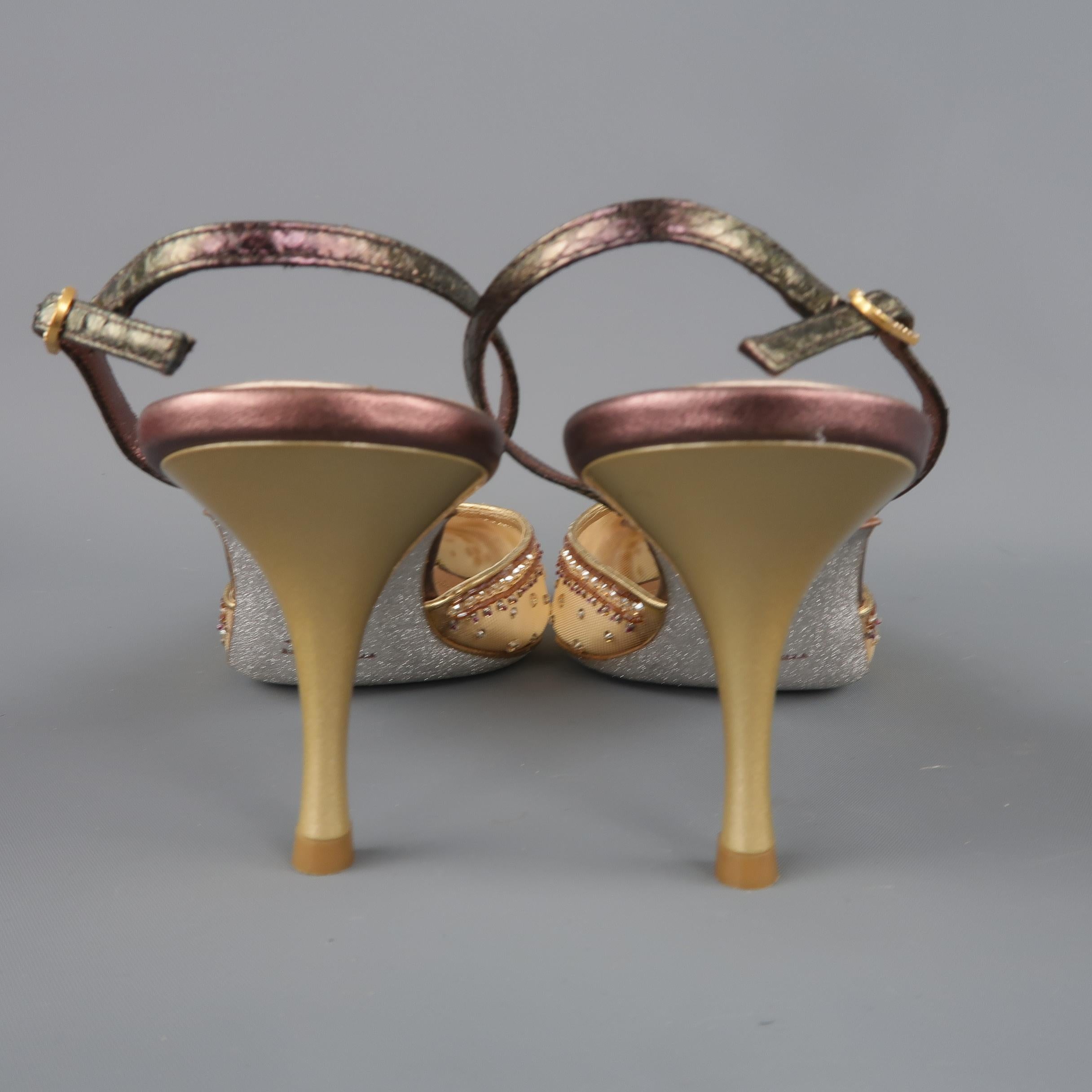 Brown RENE CAOVILLA Size 12 Gold Jeweled Mesh Slingback Pumps Heels