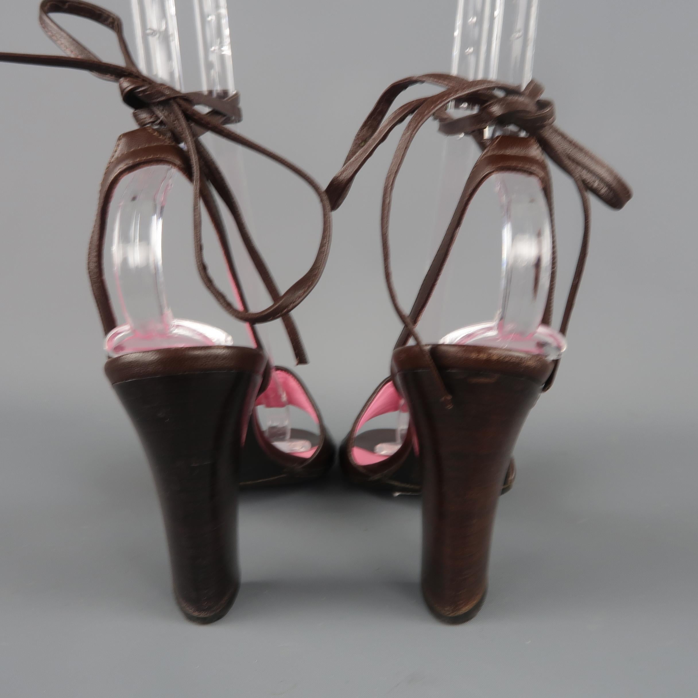 Black BOTTEGA VENETA Heels - Size US 7 Brown & Pink Leather Ankle Tie Sandals