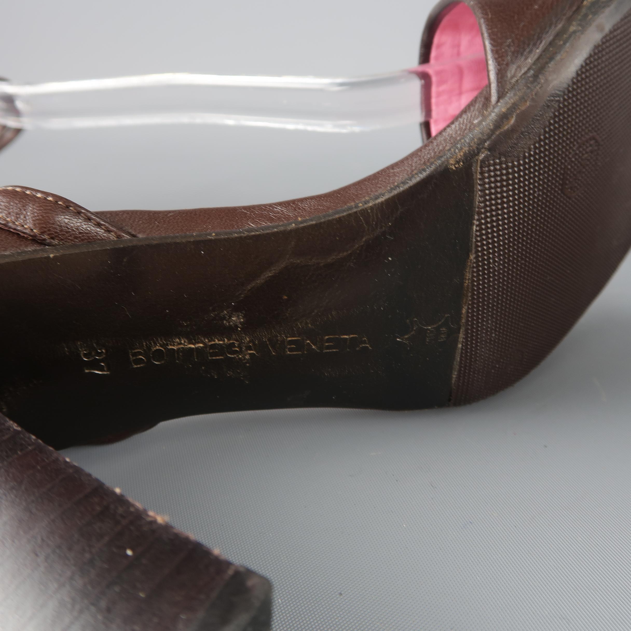 BOTTEGA VENETA Heels - Size US 7 Brown & Pink Leather Ankle Tie Sandals In Good Condition In San Francisco, CA