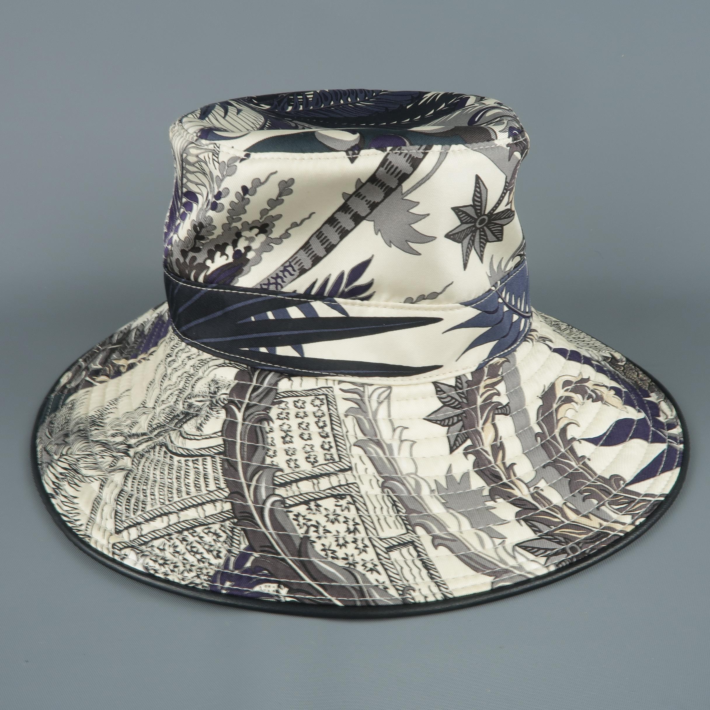 Gray HERMES Hat - Black & White 'MYTHIQUES PHOENIX' Print Silk Beach Butcket Hat