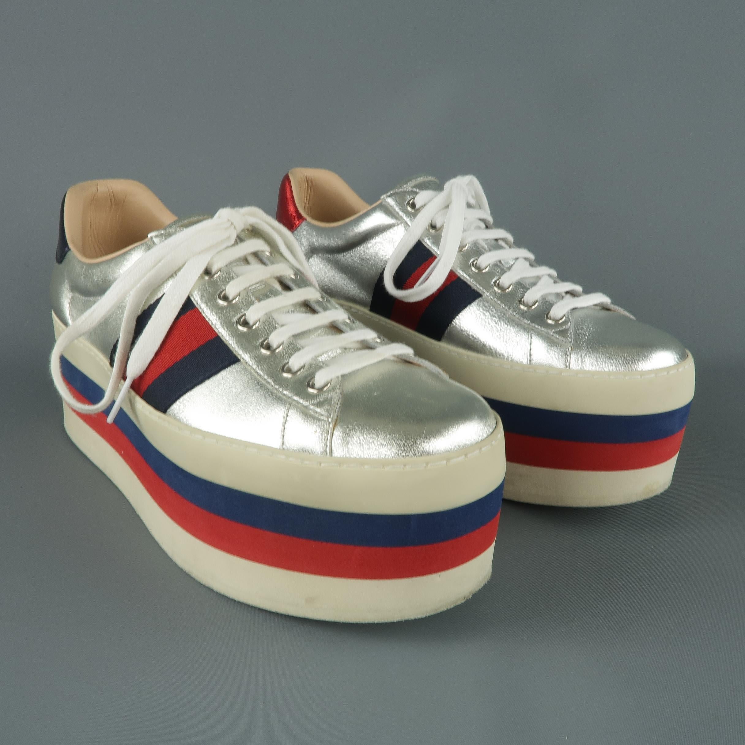 Beige GUCCI Taille 8 Silver Metallic Leather Striped Platform Sneakers Shoes