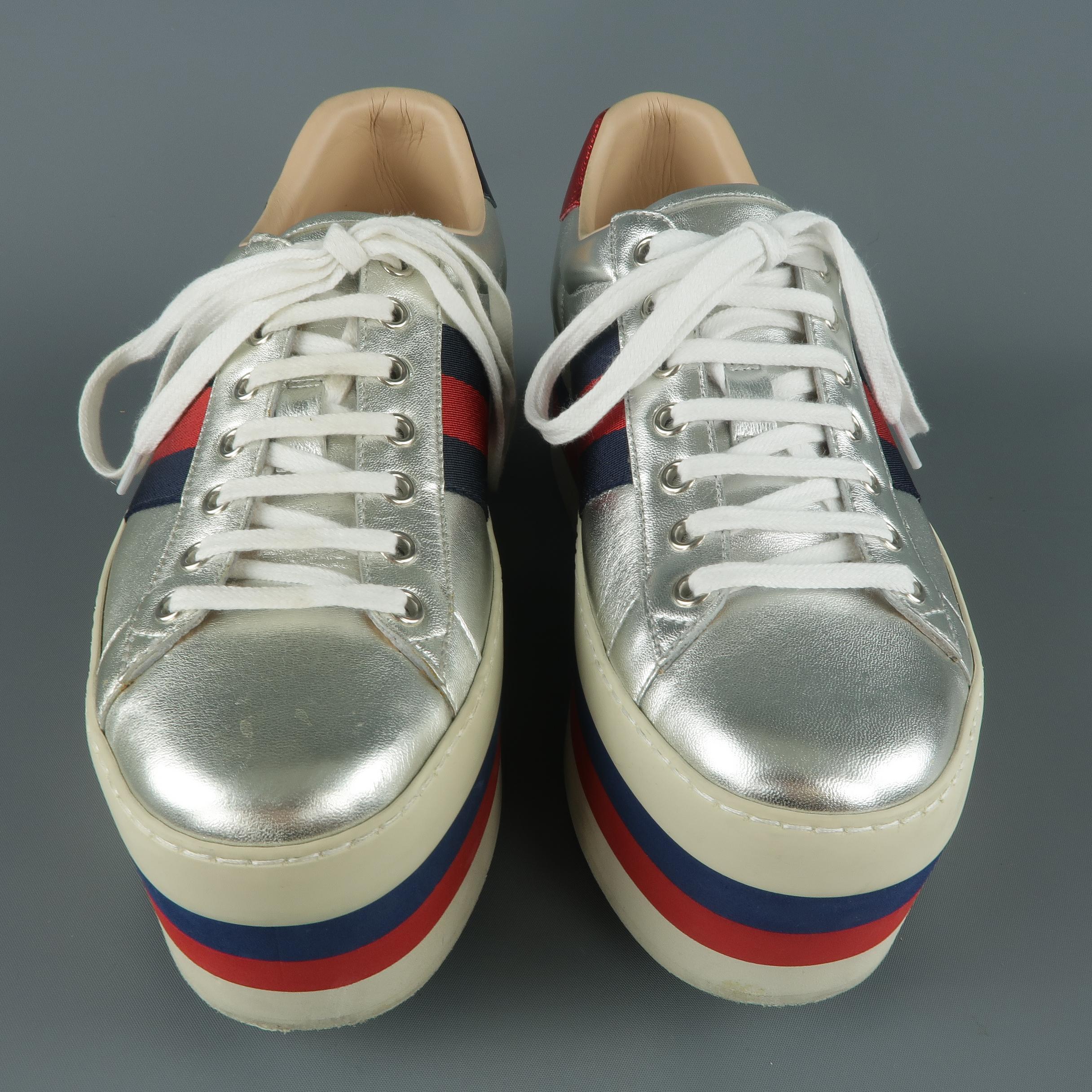  GUCCI Taille 8 Silver Metallic Leather Striped Platform Sneakers Shoes Pour hommes 