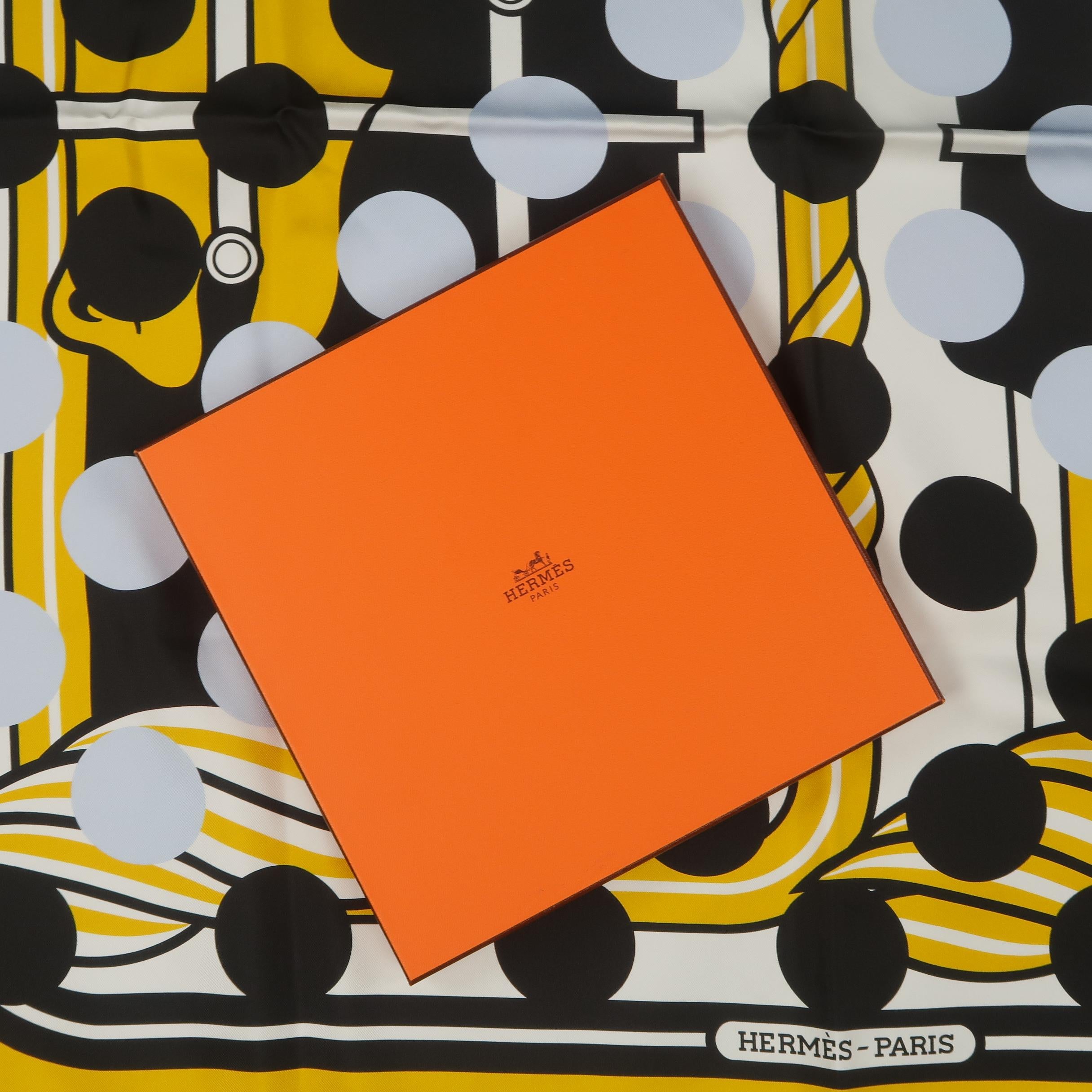 Hermes x Comme des Garcons Gold and Black Silk Polka Dot Quadrige Scarf For  Sale at 1stDibs