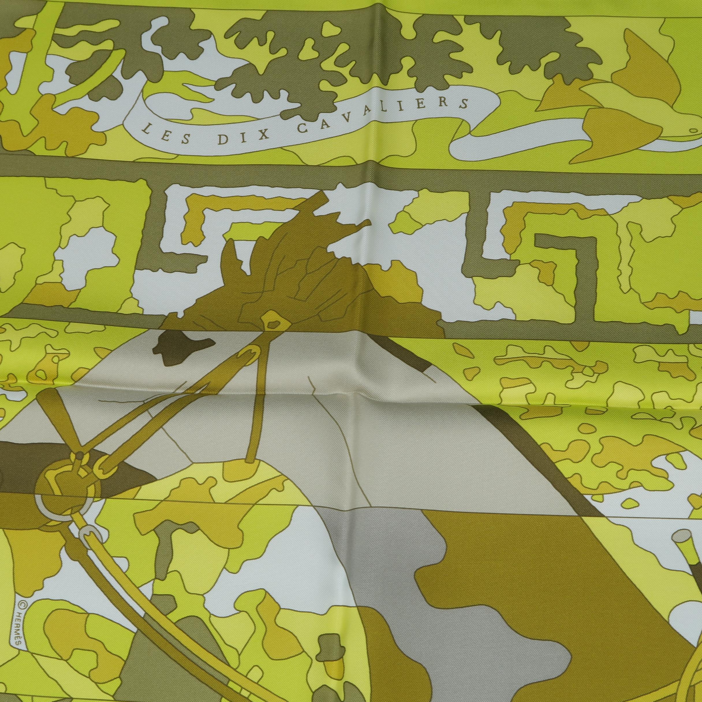Women's or Men's HERMES Scarf - New - LES DIX CAVALIERS - Chartreuse Green - Silk Scarf