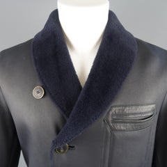GIORGIO ARMANI Coat - New - US 42 Navy Leather Shearling Fur Collar Jacket