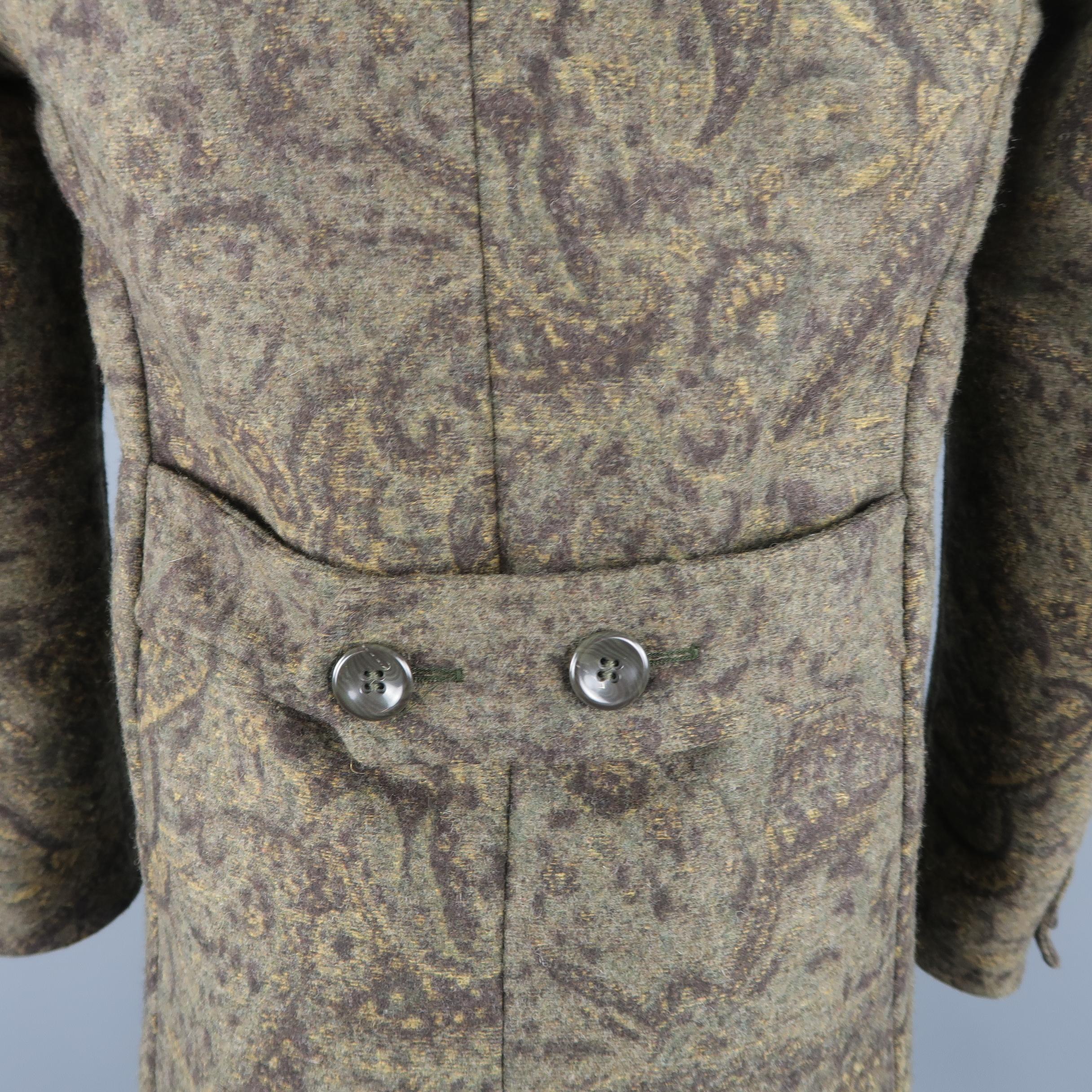 BRIAN DALES Coat - US36 Olive Paisley Wool Blend Double Breasted Peacoat In Excellent Condition In San Francisco, CA