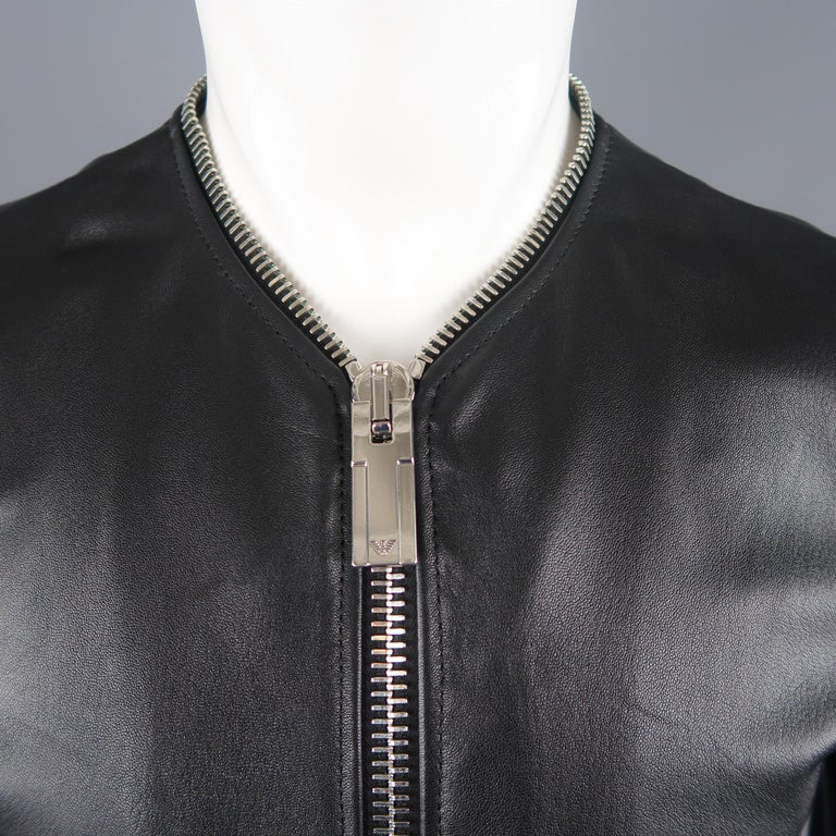 EMPORIO ARMANI Leather Jacket - US38 Black Collarless Oversized Zipper ...