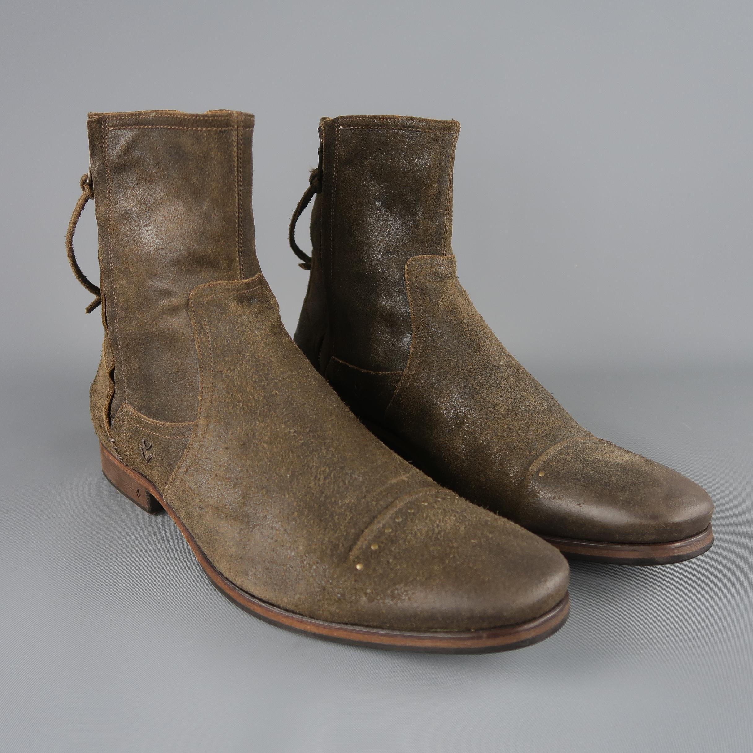 John Varvatos ankle boots come in distressed brown suede with a studded toe cap, heeled sole, and double zip shaft with tie. Handmade in Italy.   
 
Excellent Pre-Owned Condition.
Marked: 11.5
 
Measurements:
 
Length: 7 in.