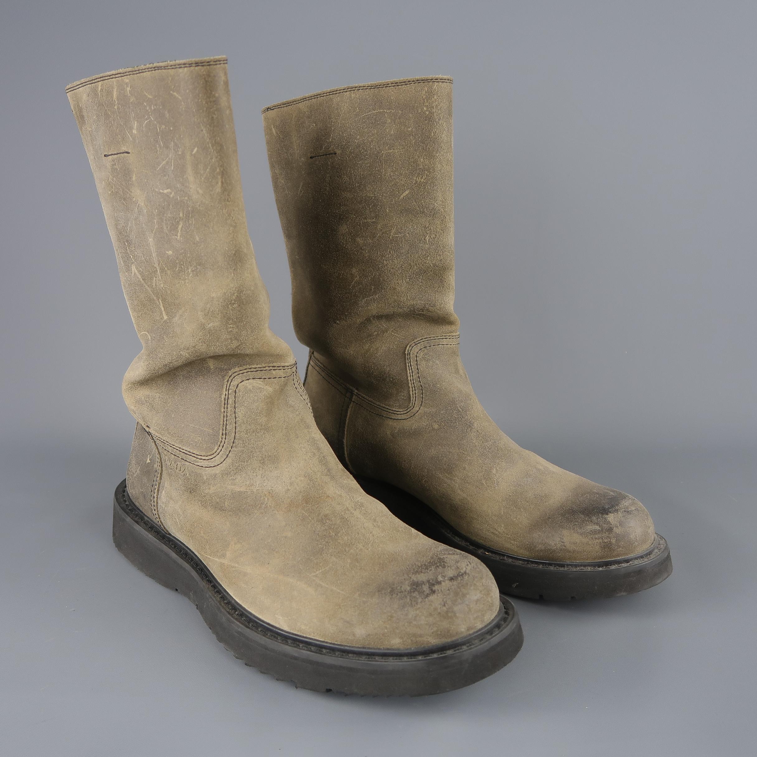 Prada Beige Distressed Suede Rubber Sole Calf Boot / Shoes In Good Condition In San Francisco, CA