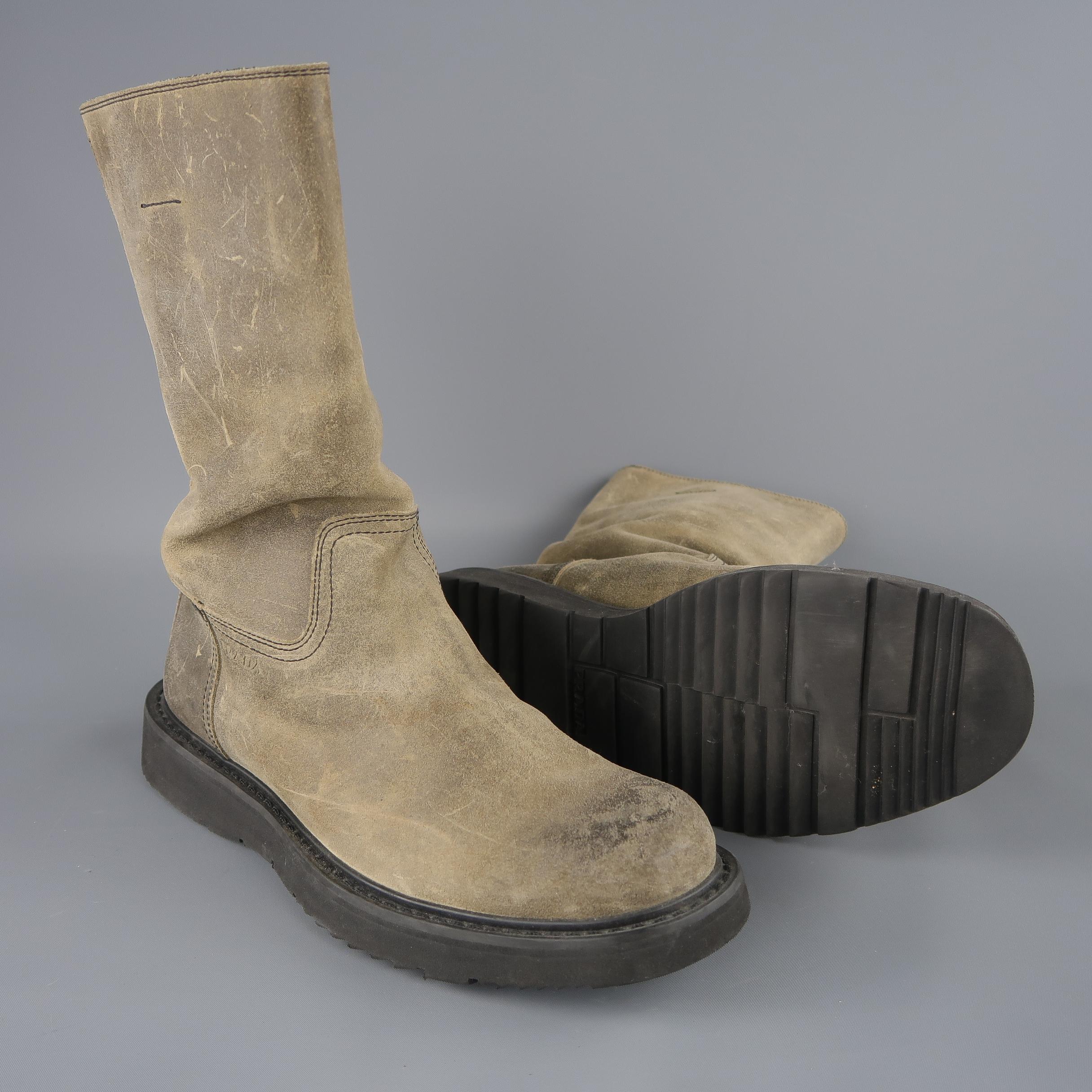 Men's Prada Beige Distressed Suede Rubber Sole Calf Boot / Shoes