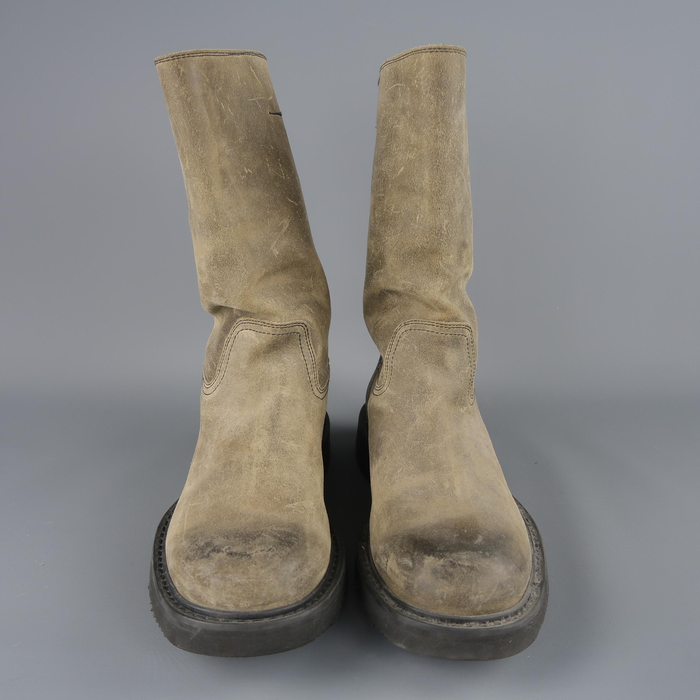 Prada Beige Distressed Suede Rubber Sole Calf Boot / Shoes 2