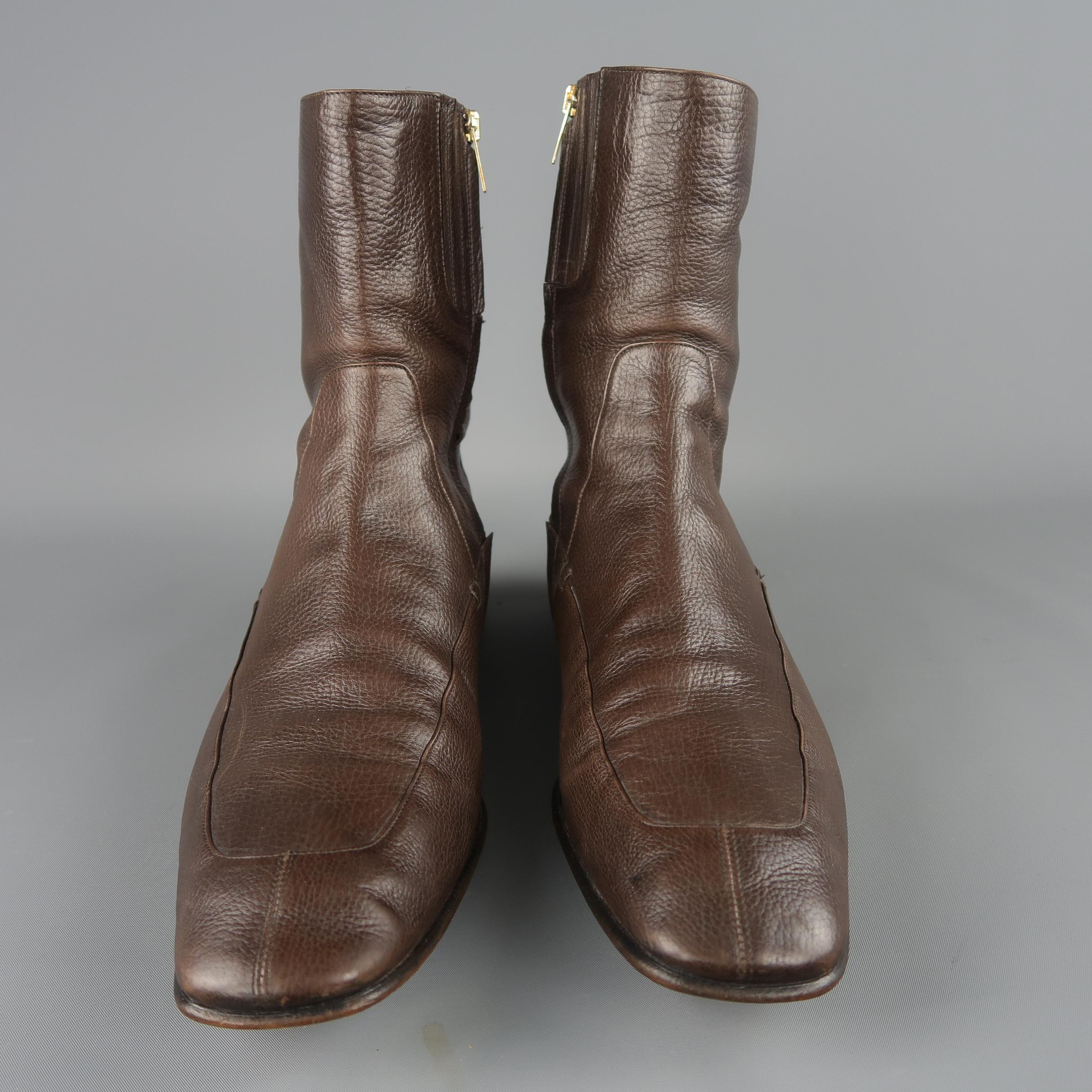 Yves Saint Laurent ankle boots by Tom Ford come in brown textured leather with squared point split apron toe and internal zip. Made in Italy.
 
Good Pre-Owned Condition.
Marked:IT 44
 
Measurements:
 
Length: 8 in.
