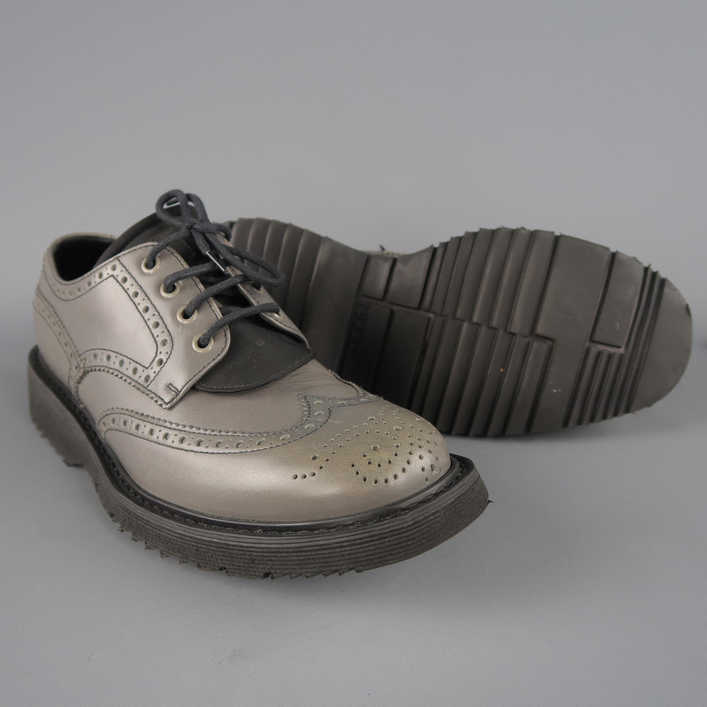 Gray Prada Grey Leather and Nylon Wingtip Lace Up Shoes 