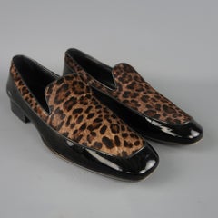 Jimmy Choo Black and Brown Leopard Print Pony Hair Patent Leather Loafers