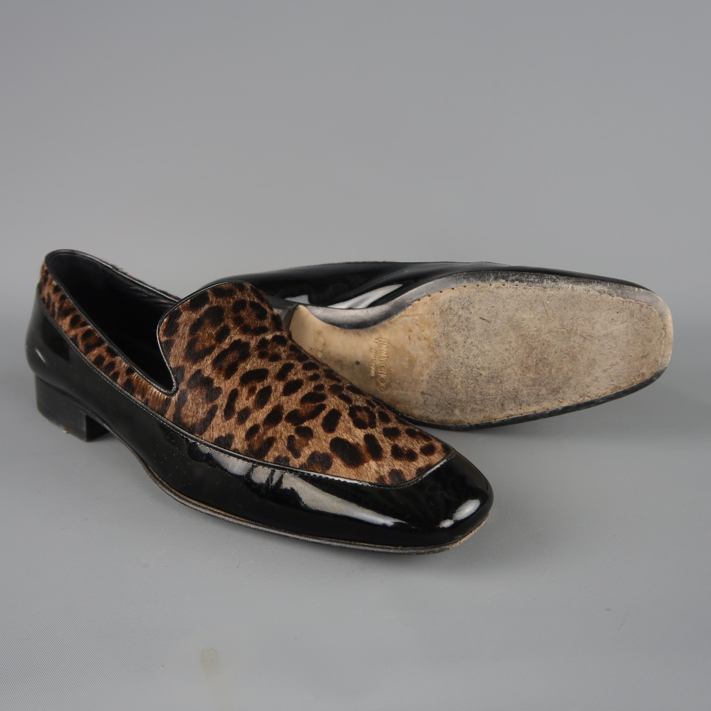 Jimmy Choo Black and Brown Leopard Print Pony Hair Patent Leather Loafers In Good Condition In San Francisco, CA