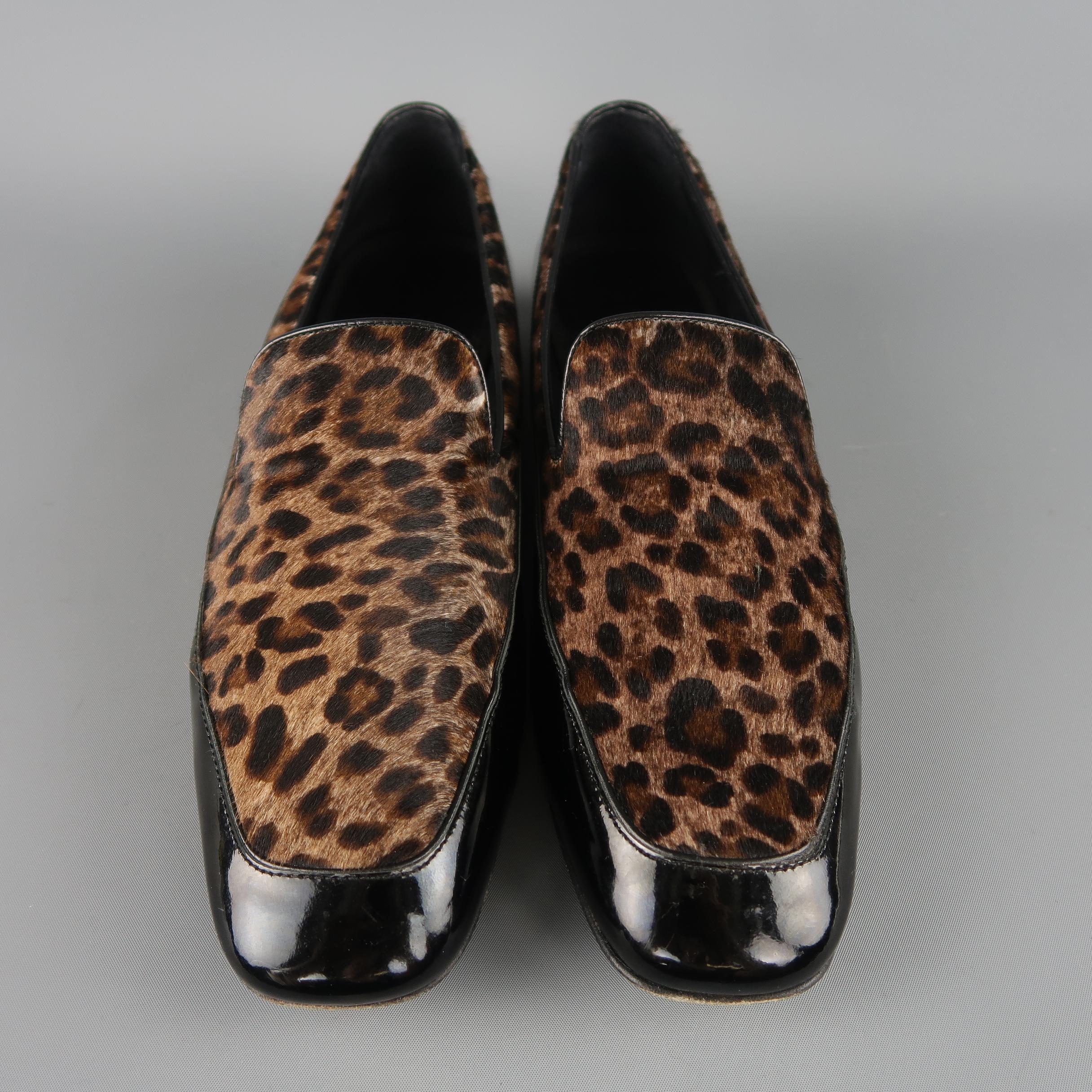 Men's Jimmy Choo Black and Brown Leopard Print Pony Hair Patent Leather Loafers