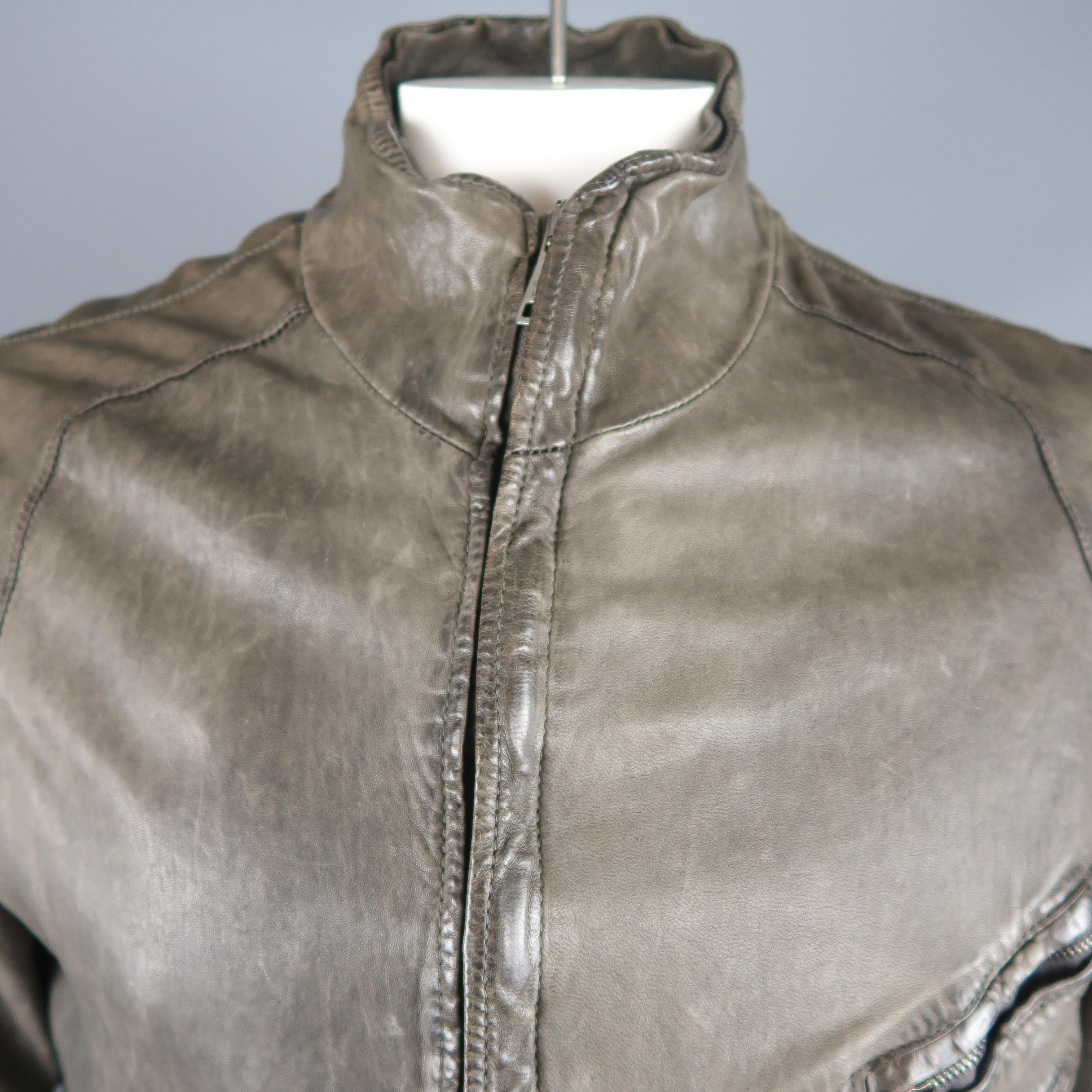 Giorgio Brato Gray Distressed Leather High Collar Biker Jacket In Good Condition In San Francisco, CA