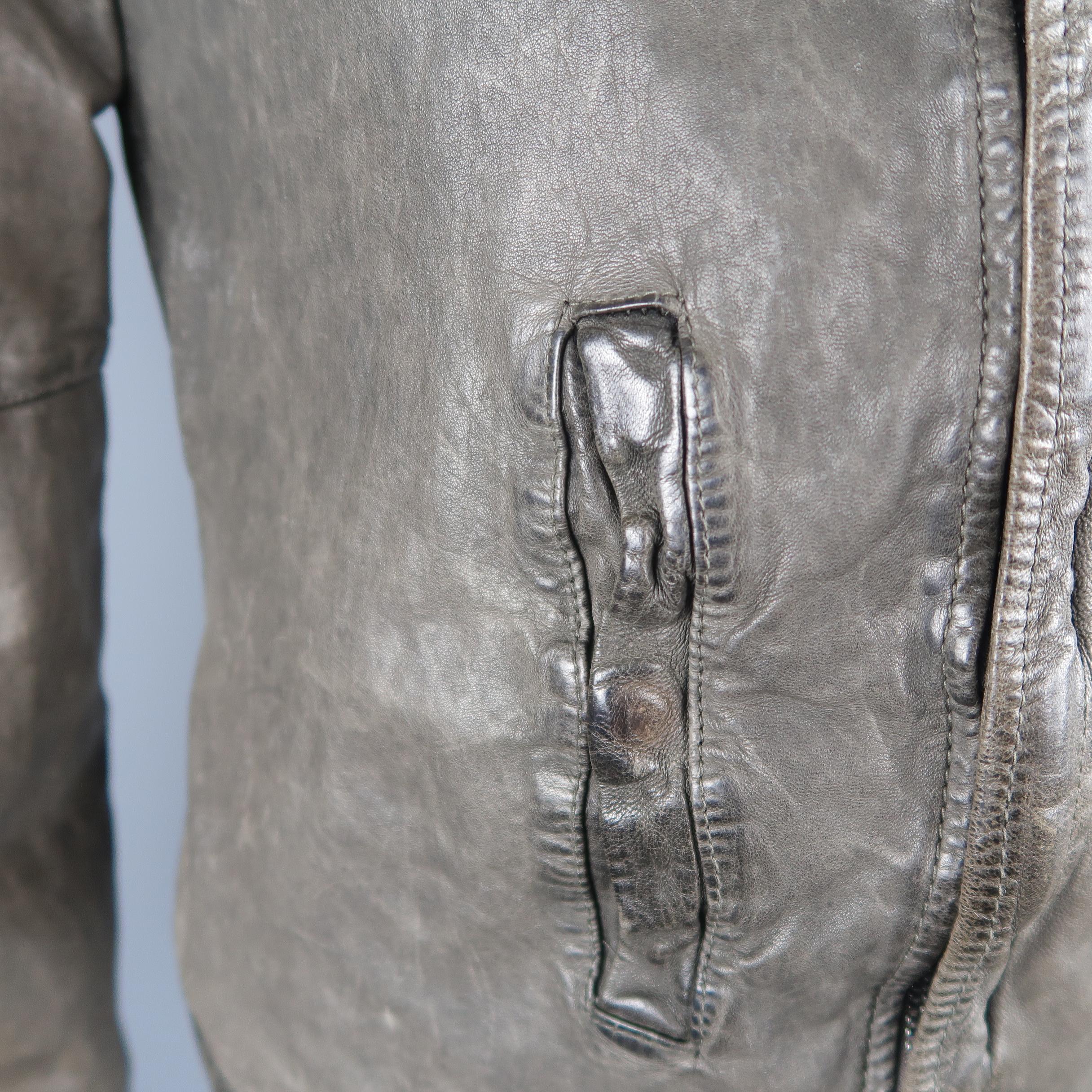 Men's Giorgio Brato Gray Distressed Leather High Collar Biker Jacket