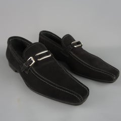 Prada Loafers - Black Suede Silver Metal Buckle Shoes