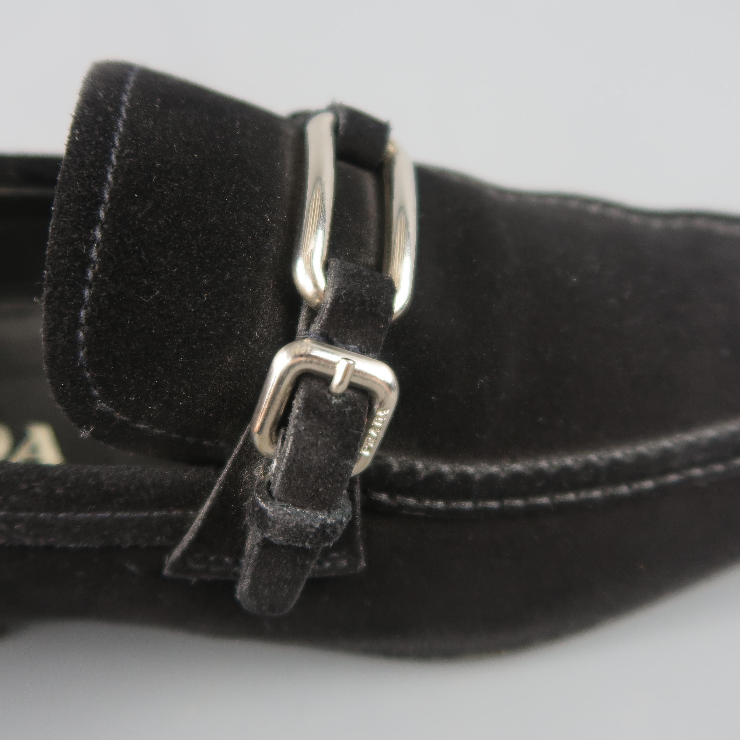 Prada Loafers - Black Suede Silver Metal Buckle Shoes In Fair Condition In San Francisco, CA