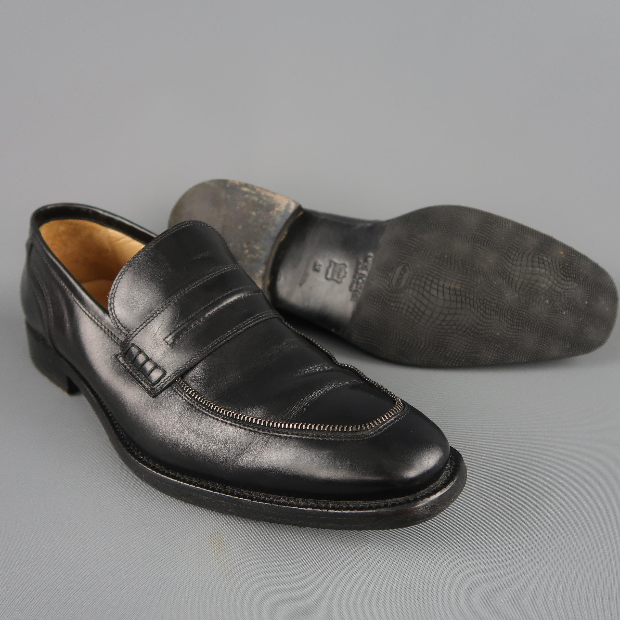 Men's Neil Barrett Loafers - Black Solid Leather Zipper Piping Shoes