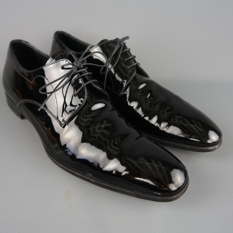 Prada Black Patent Leather Tapered Toe Lace Up Dress Shoes