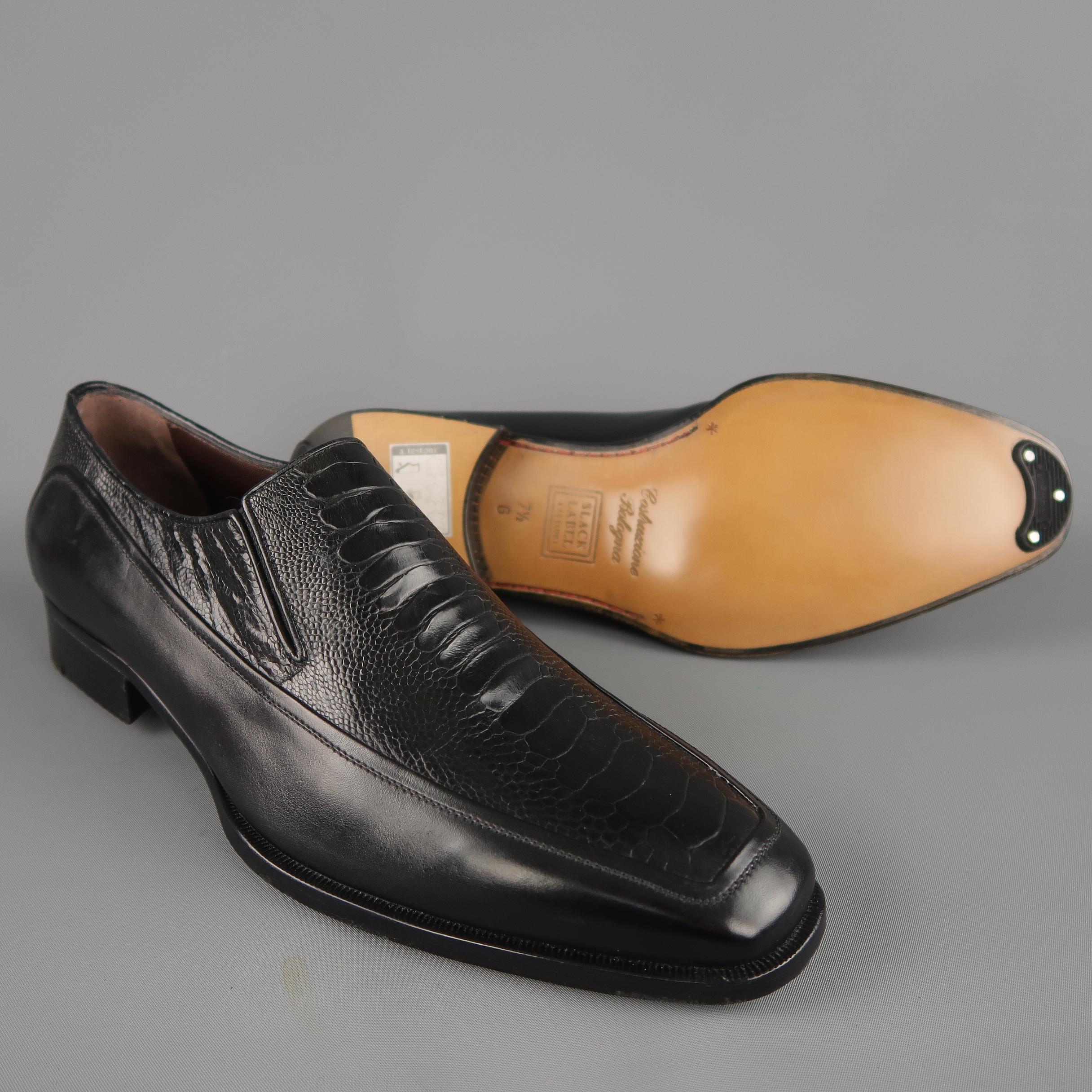 A.Testoni Dress Shoes / Black Lizard Leather Panel Dress Loafers In New Condition In San Francisco, CA