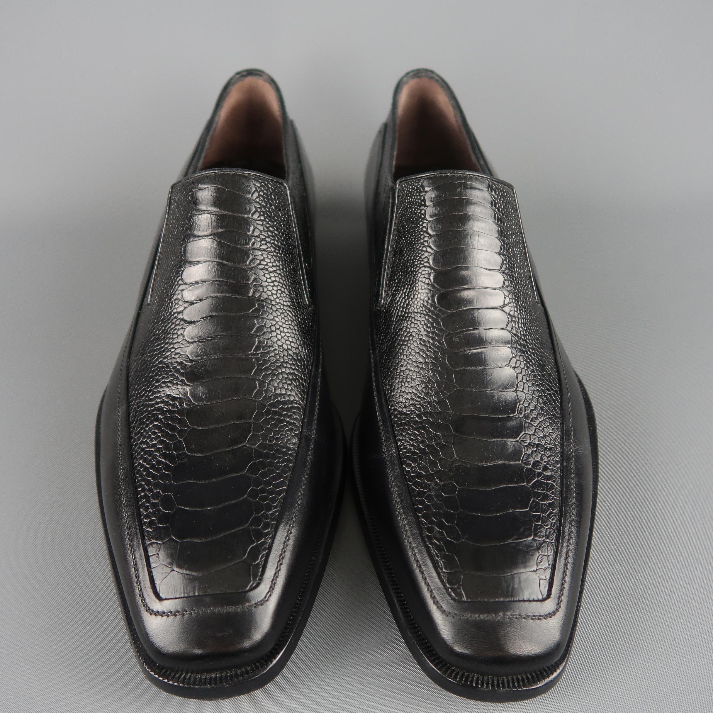 Men's A.Testoni Dress Shoes / Black Lizard Leather Panel Dress Loafers