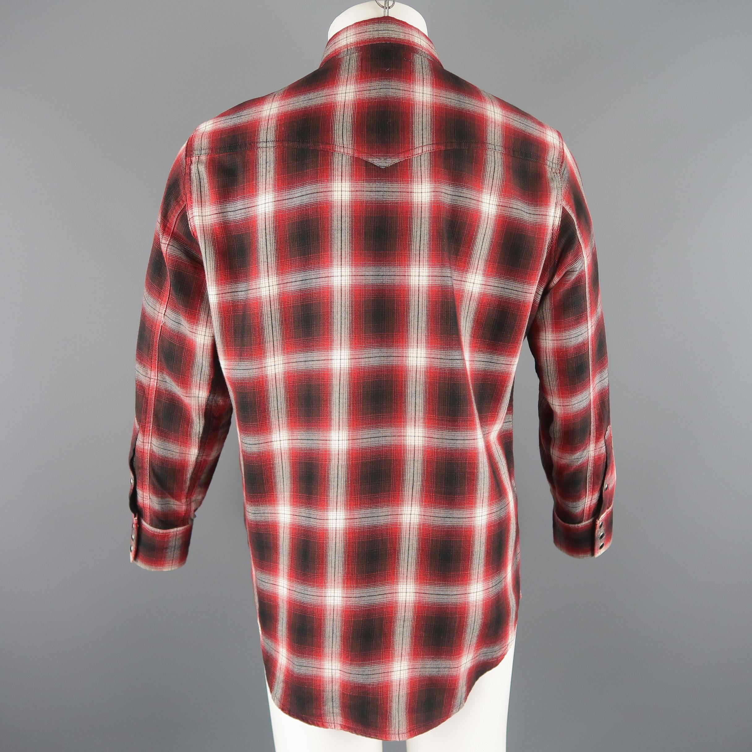 Brown Saint Laurent Red and Black Plaid Cotton Long Sleeve Western Shirt