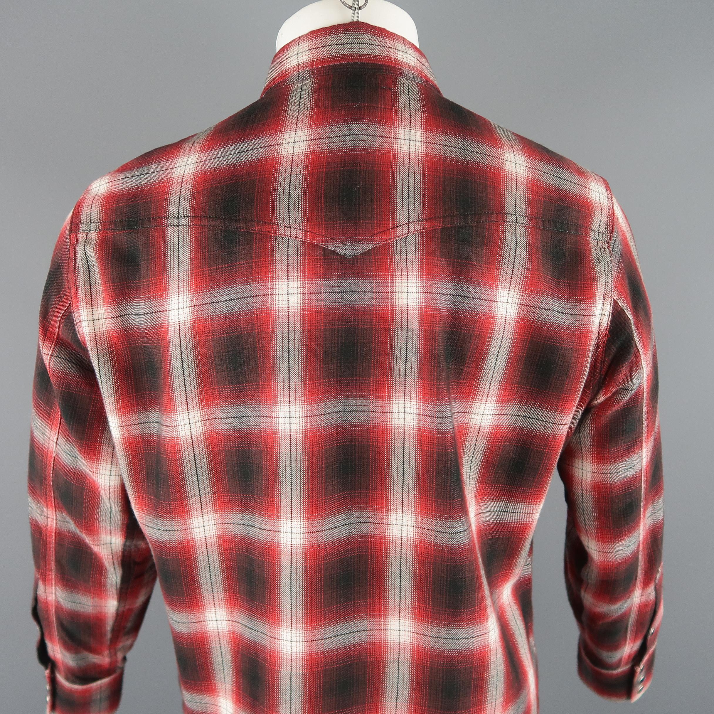Saint Laurent Red and Black Plaid Cotton Long Sleeve Western Shirt In Excellent Condition In San Francisco, CA