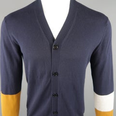 Marni Navy Color Block Sleeves Cotton V Neck Cardigan