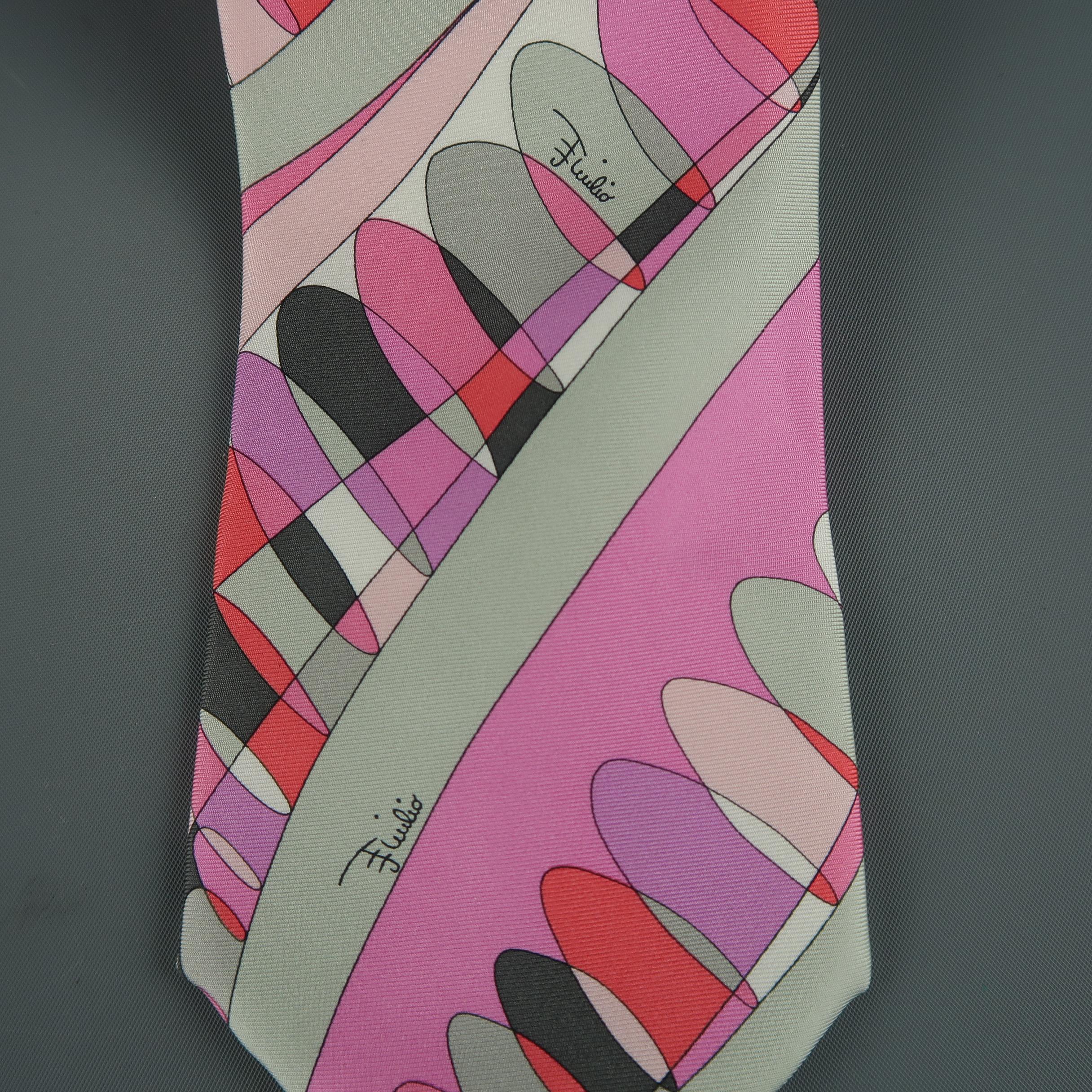 Brown Emilio Pucci Pink Red and Gray Abstract Print Silk Tie